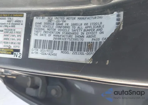 2005 Toyota Corolla S z USA, uszkodzony, nr VIN 1NXBR32E75Z395170